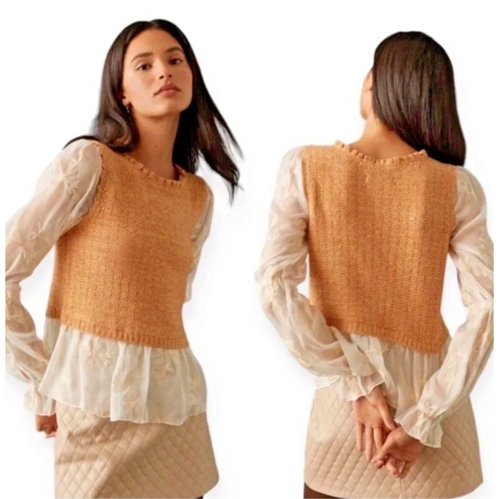 ANTHROPOLOGIE LAYERED MIXED KNIT TWOFER SWEATER VEST Lace Romantic TOP‎ SAND XS